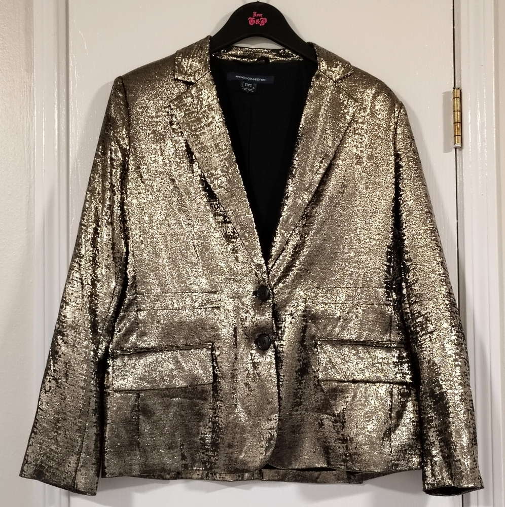 French Connection $179 Alara Metallic Notch Collar Blazer Gold Women's 4 Glam - Picture 8 of 13